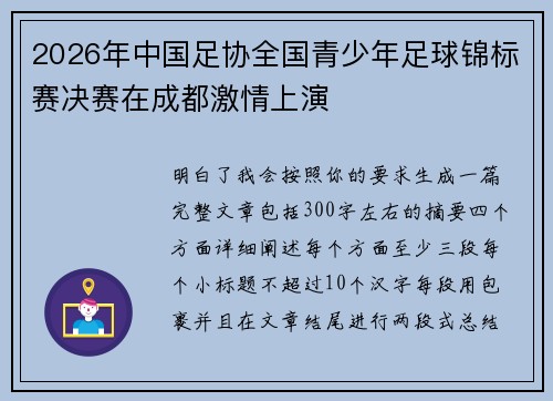 2026年中国足协全国青少年足球锦标赛决赛在成都激情上演